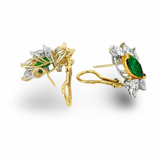 NYC Designer Oscar Heyman Gem Emerald and Diamond Platinum and 18Kt Yellow Gold Earrings