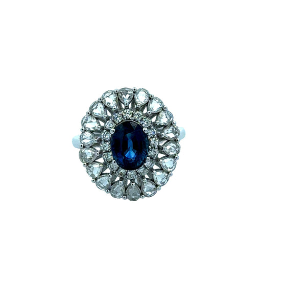 Oval Sapphire and Rose Cut Diamond 18K White Gold Ring
