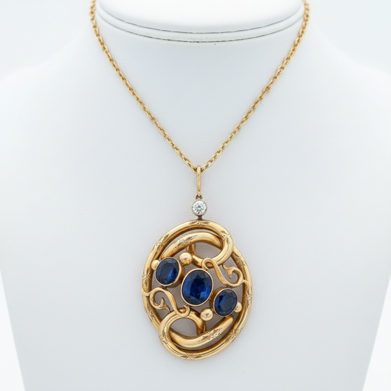 12.17 ct Ceylon Sapphire, Diamond and 12K Yellow Gold Necklace