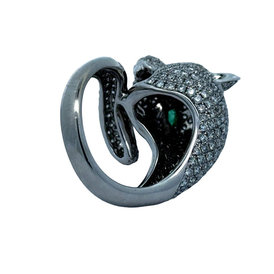 Panther, Diamond, Emerald and 18K White Gold Ring
