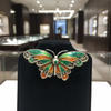 Plique A Jour Green and Orange Enamel 14K Yellow Gold Butterfly Brooch