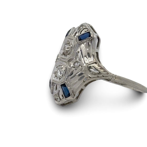 Art Deco Old European Cut Diamond and Sapphire Filigree 18k White Gold Ring