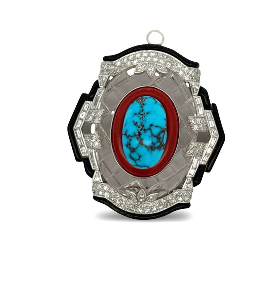 NYC Designer David Webb Diamond, Coral, Onyx, Turquoise, Rock Crystal Platinum, 18K Yellow Gold Necklace