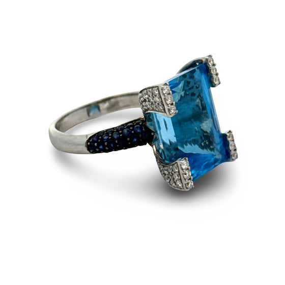 Effy Blue Topaz, Black Diamond and 18K White Gold Ring