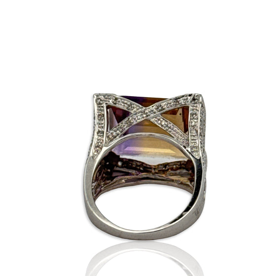 Emerald Cut Ametrine, Diamond and 18K White Gold Statement Ring