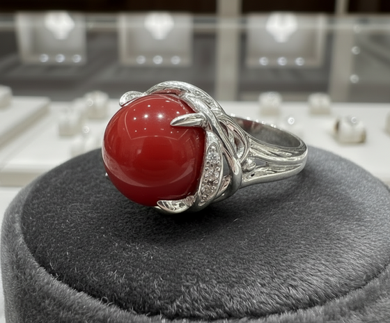 Natural Coral and Diamond Platinum Ring