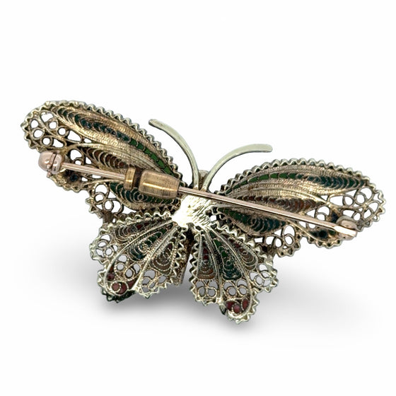 Plique A Jour Green and Orange Enamel 14K Yellow Gold Butterfly Brooch
