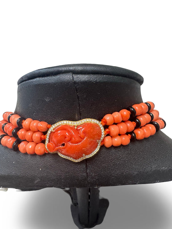 Italy Diamond, Coral and Onyx 18K Yellow Gold 3 Row Necklace