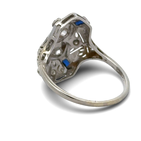 Art Deco Old European Cut Diamond and Sapphire Filigree 18k White Gold Ring