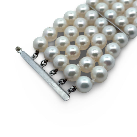 Italian 5 Row 7.75-8.50mm Cultured Pearl 14K White Gold Wide Bracelet