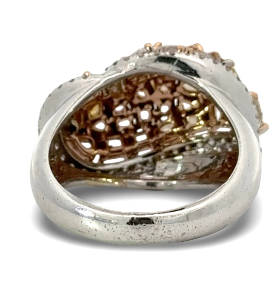 Modern Natural Fancy Yellow, Pink and White Diamond 18K White Gold Ring.