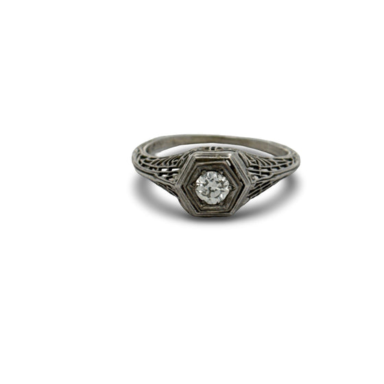 Art Deco 1920's Diamond Filigree 18K White Gold Ring