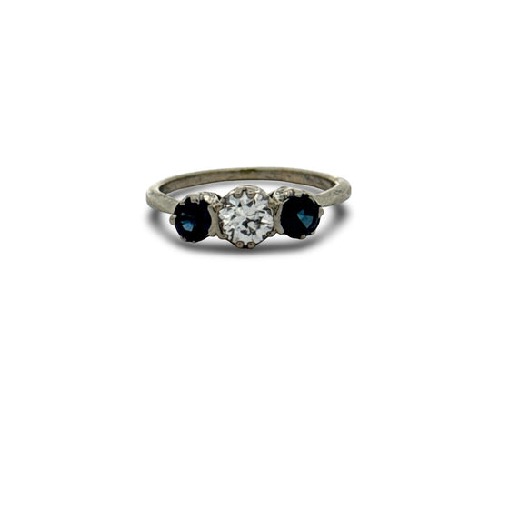 Art Deco Diamond and Sapphire 18K White Gold Ring