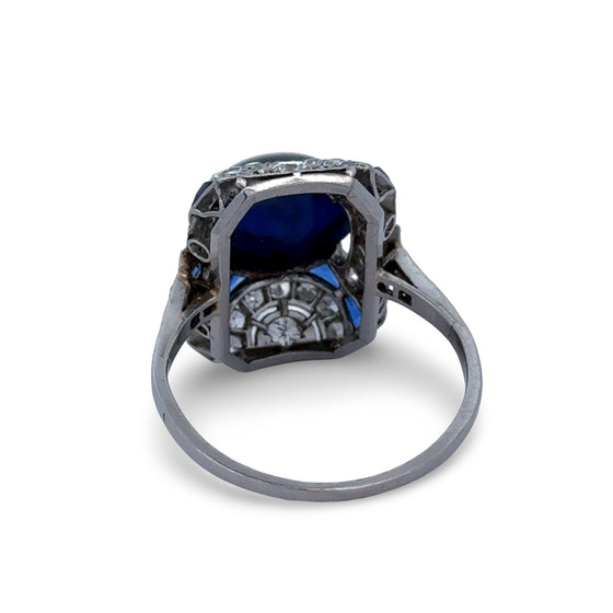 Art Deco 5.30 ct No Heat Sapphire (GIA), Diamond and Platinum Ring