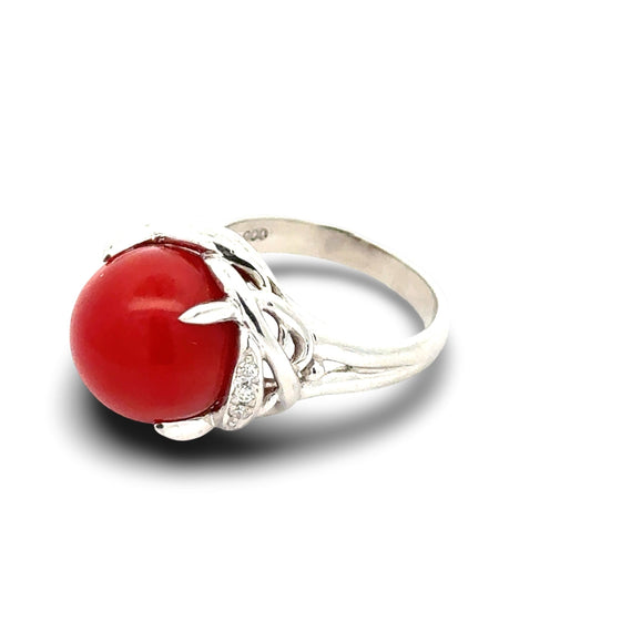 Natural Coral and Diamond Platinum Ring