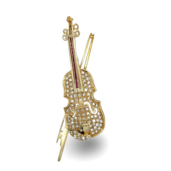 Violin Diamond and Ruby Pendant/Brooch 18kt Yellow Gold