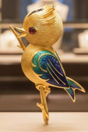 Osprey  "Crowned Bird On A Branch" garnet, green, red, black enamel 18K Yellow Gold Brooch/Pendant