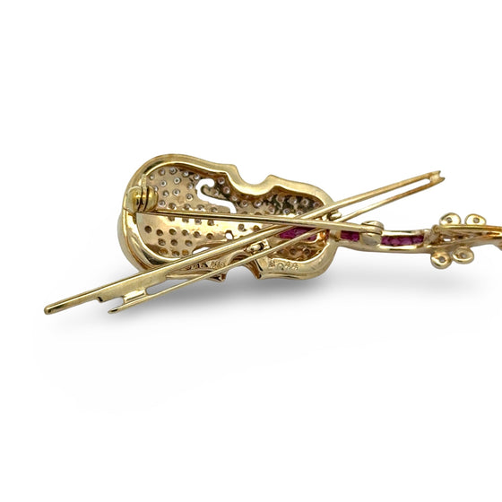 Violin Diamond and Ruby Pendant/Brooch 18kt Yellow Gold