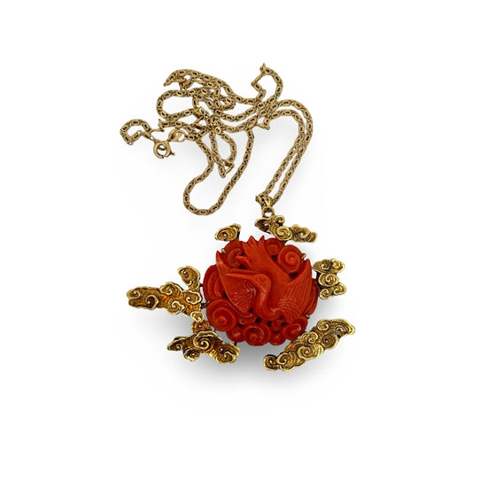 1960's Carved Coral Motif and 14k Yellow Necklace