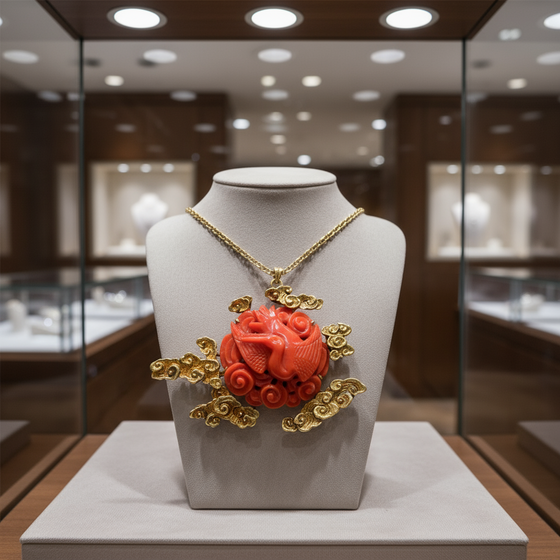 1960's Carved Coral Motif and 14k Yellow Necklace