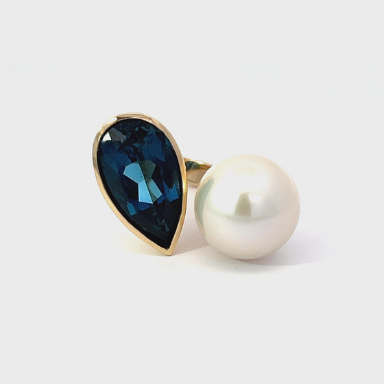 London Blue Topaz & Fresh Water Pearl 14K Yellow Gold Ring