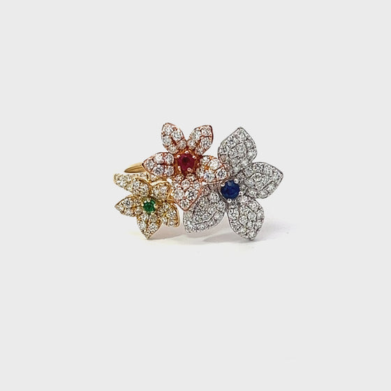 Emerald, Ruby, Sapphire and Diamond Flower Size 6.75 Ring