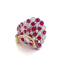  Italian Designer Ruby, Diamond and 18K White and Yellow Gold Ring