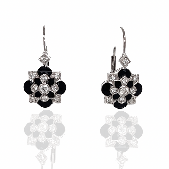 Social Climber Diamond, Black Enamel Earrings