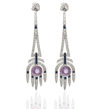  Pink Sapphire, Blue Sapphire, Diamond and 18K White Gold Art Deco Style Chandelier Earrings