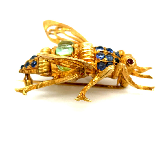 Sapphire Ruby and Peridot 18K Yellow Gold Bee Pin