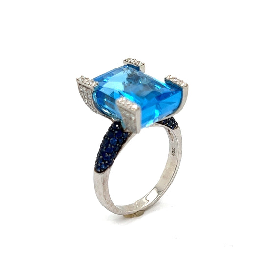 Blue Topaz, Sapphire and Diamond Designer Ring