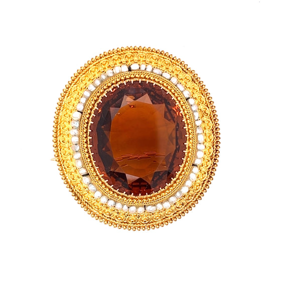 Etruscan Citrine and Natural Seed Pearl Brooch