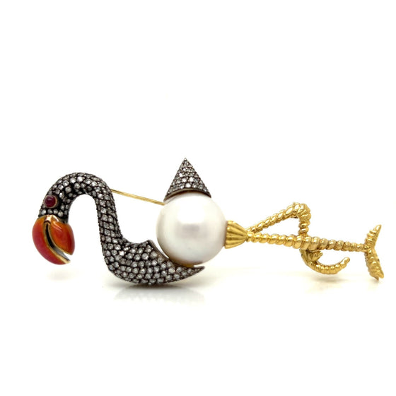 Flamingo Diamond, Ruby, Enamel and South Sea Pearl Brooch