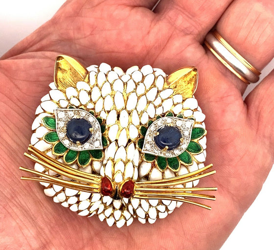 Lunati Cat Diamond and Enamel Brooch