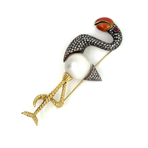 Flamingo Diamond, Ruby, Enamel and South Sea Pearl Brooch