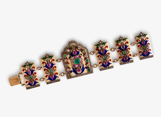 Diamond, Emerald and Ruby Polychrome Enamel and 18k Gold Vintage Bracelet