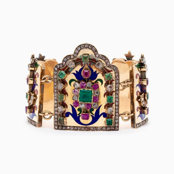 Diamond, Emerald and Ruby Polychrome Enamel and 18k Gold Vintage Bracelet